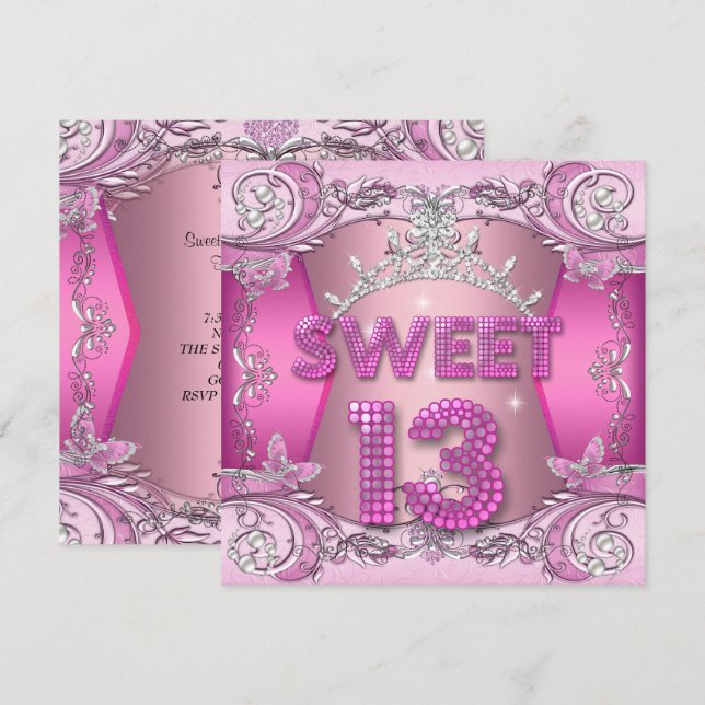 Sweet 13 13th Birthday Party Pink Silver Tiara Invitation (Front/Back)