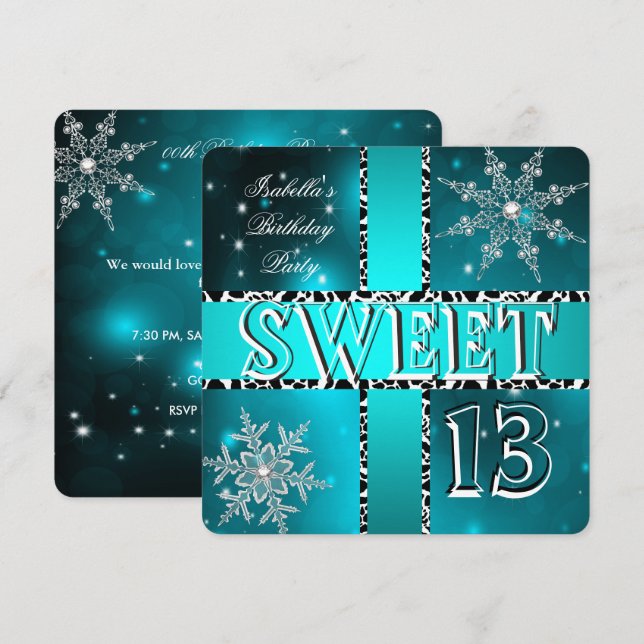 Sweet 13 13th Birthday Teal Winter Wonderland 2 Invitation (Front/Back)