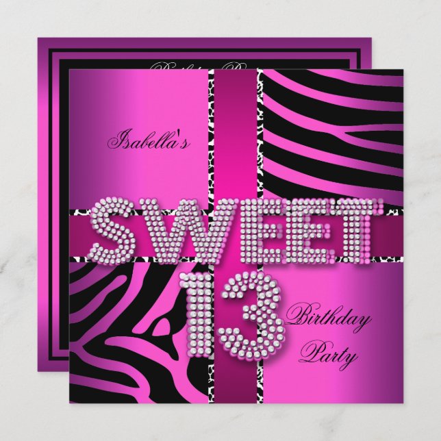 Sweet 13 13th Birthday Zebra Cow Pink Black Invitation (Front/Back)