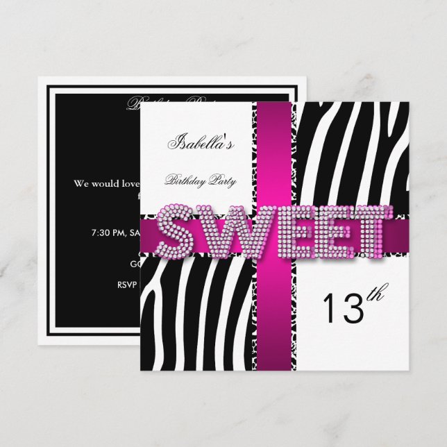 Sweet 13 13th Birthday Zebra Cow Pink Black White Invitation (Front/Back)