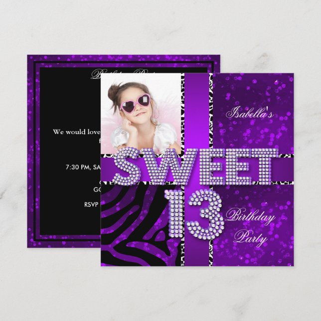 Sweet 13 13th Birthday Zebra Glitter Purple Black Invitation (Front/Back)