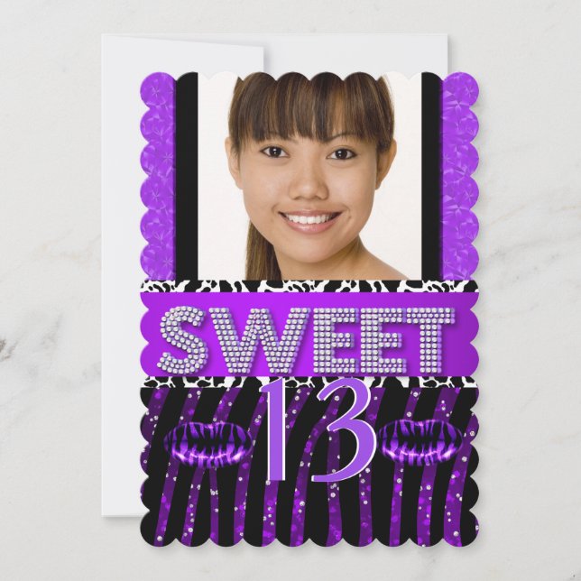 Sweet 13 13th Birthday Zebra Glitter Purple Lips Invitation (Front)