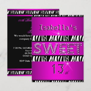 Sweet 13 13th Birthday Zebra Hot Pink Black Invitation