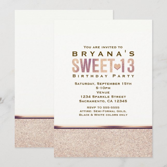 SWEET 13 Faux Rose Gold Champagne Party Invitation (Front/Back)
