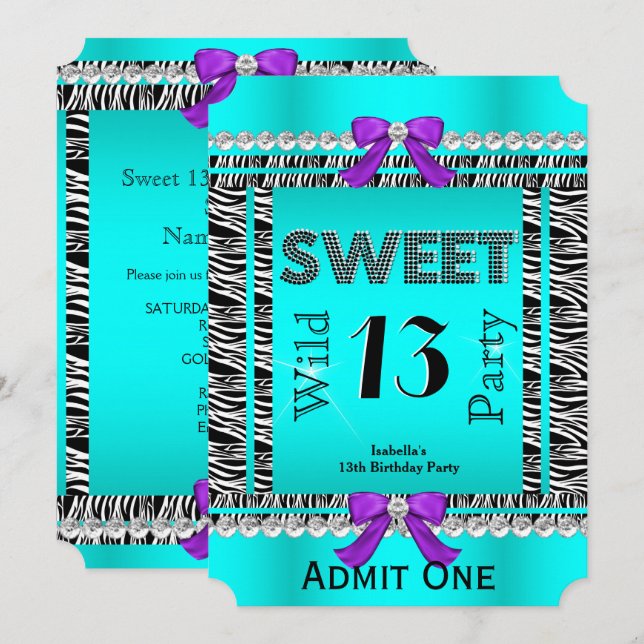 Sweet 13 Fun Party Zebra Teal Blue Purple Ticket Invitation (Front/Back)