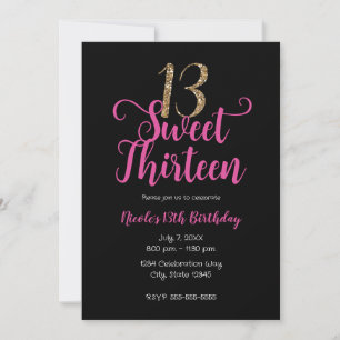 Sweet 13 Pink Black Gold Thirteenth Birthday Party Invitation