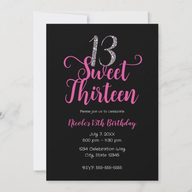 Sweet 13 Pink & Black Thirteenth Birthday Party Invitation (Front)