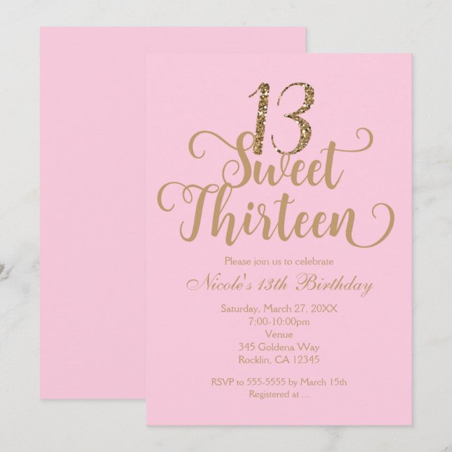 Sweet 13 Pink & Gold Birthday Party Invitations (Front/Back)