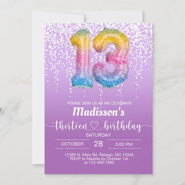 Sweet 13 thirteen purple girl birthday invite. invitation (Front)