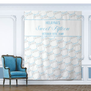 Sweet 15 Baby Blue Silver Birthday Party Backdrop Tapestry
