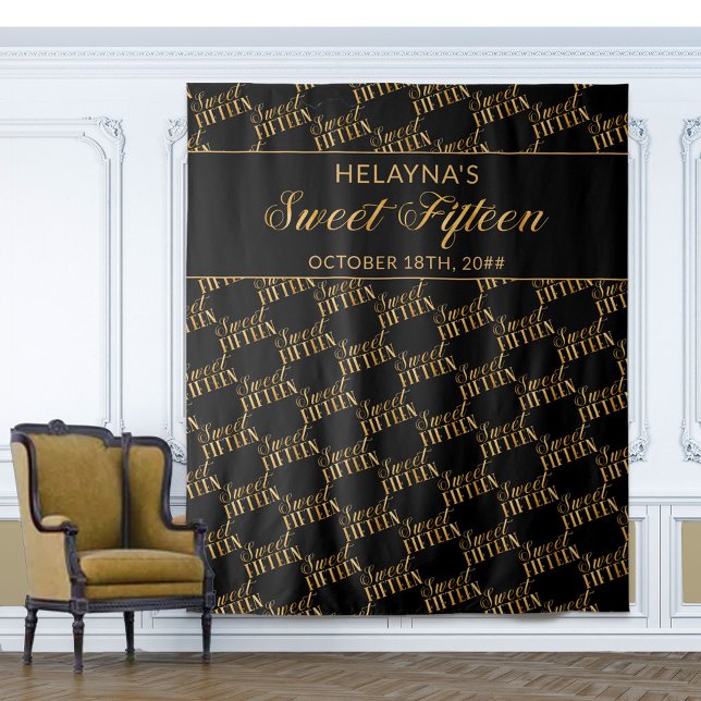Sweet 15 Black and Gold Birthday Party Backdrop Tapestry (Creator Uploaded)