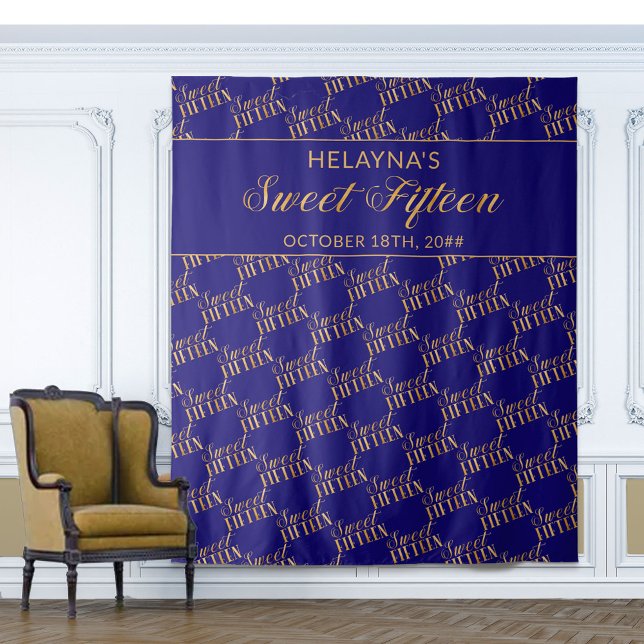 Sweet 15 Blue and Gold Birthday Party Backdrop Tapestry (Creator Uploaded)