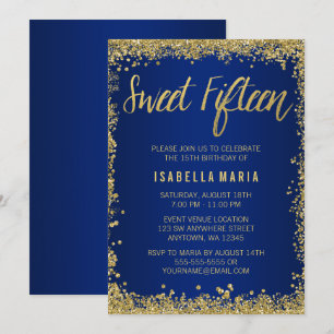 Sweet 15 Blue Gold Glitter Quinceanera Birthday Invitation