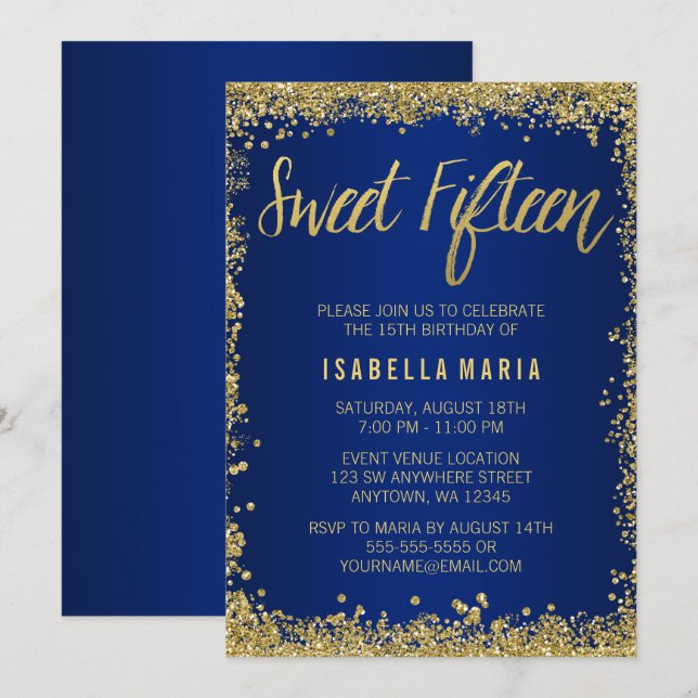 Sweet 15 Blue Gold Glitter Quinceanera Birthday Invitation (Front/Back)