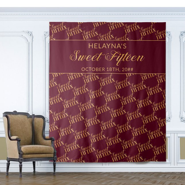 Sweet 15 Burgundy and Gold Birthday Party Backdrop Tapestry (Creator Uploaded)