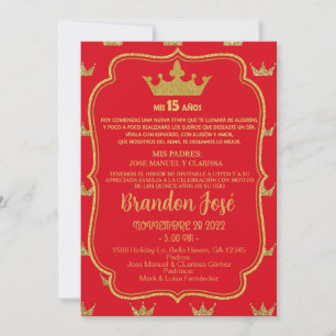 Sweet 15 fifteen red gold boy birthday invite. inv invitation