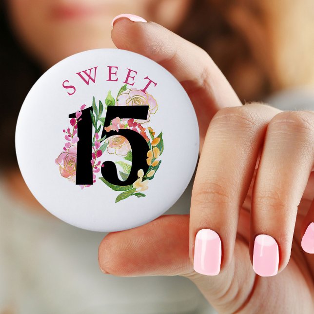 Sweet 15 Floral Number 15th Birthday 6 Cm Round Badge (Sweet 15 - Quinceanera - 15th birthday pin button badge)