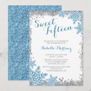 Sweet 15 Glam Winter Wonderland Silver Blue Invite
