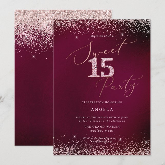Sweet 15 Pink Diamond Glitters Burgundy Invitation (Front/Back)