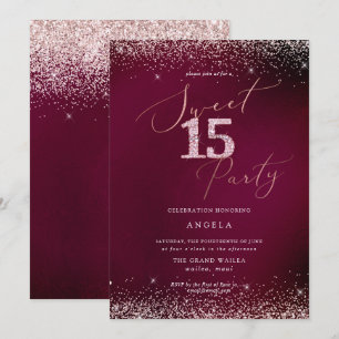 Sweet 15 Pink Diamond Glitters Burgundy Invitation