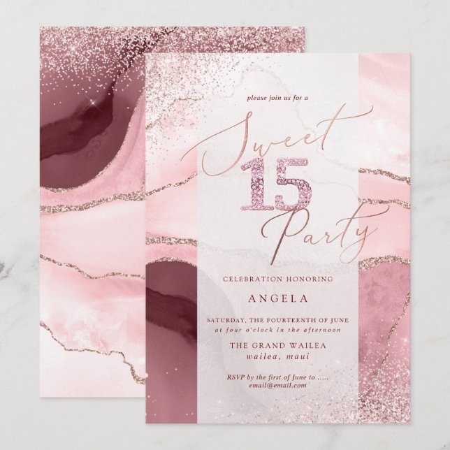 Sweet 15 Pink Diamond Glitters Watercolor Agate Invitation (Front/Back)