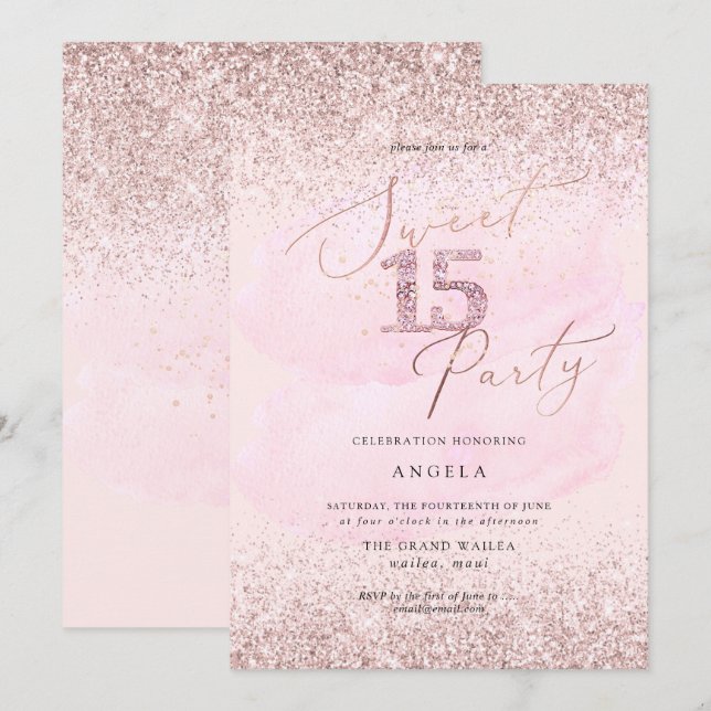 Sweet 15 Pink Diamond Glitters Watercolor Invitation (Front/Back)