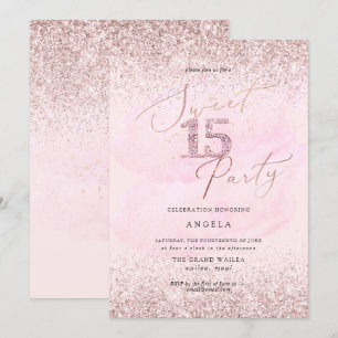 Sweet 15 Pink Diamond Glitters Watercolor Invitation