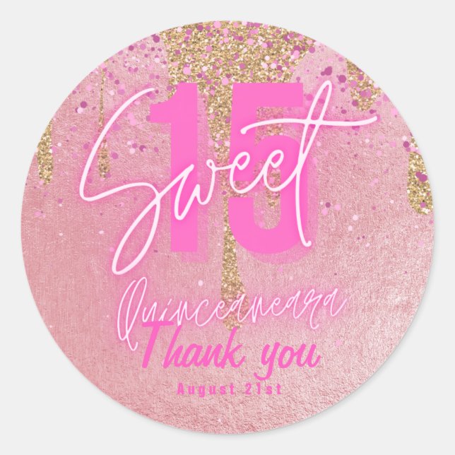Sweet 15 Pink Glitter Foil Quinceanera Rose Gold C Classic Round Sticker (Front)