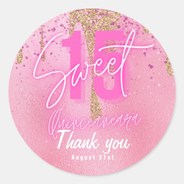 Sweet 15 Pink Glitter Foil Quinceanera Rose Gold C Classic Round Sticker (Front)