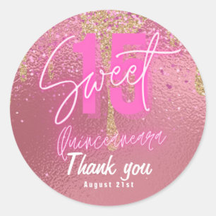 Sweet 15 Pink Glitter Foil Quinceanera Rose Gold Classic Round Sticker