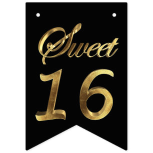 Sweet 16 16th Birthday Anniversary Black and Gold Bunting
