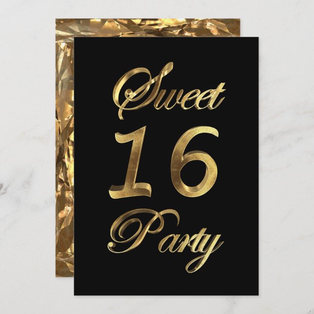 Sweet 16 16th Birthday Anniversary Black and Gold Invitation (Front/Back)