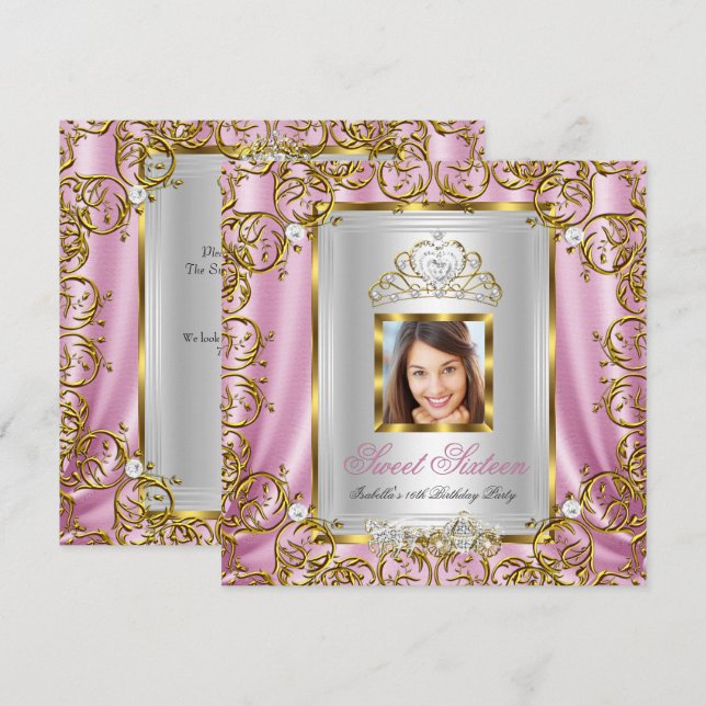 Sweet 16 16th Birthday Pink Gold Photo Invitation (Front/Back)