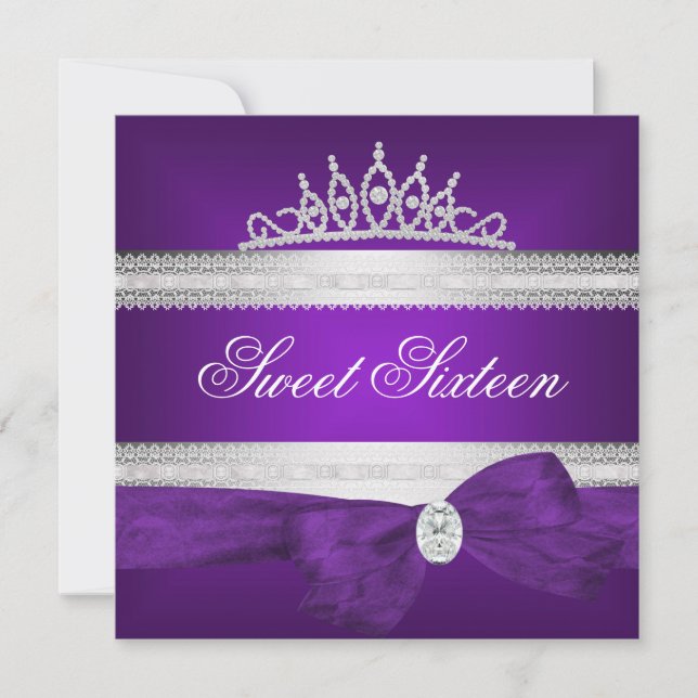 Sweet 16 16th Birthday Purple Silver  Diamond Bow Invitation (Front)