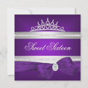 Sweet 16 16th Birthday Purple Silver  Diamond Bow Invitation