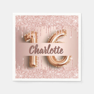 Sweet 16 16th birthday rose gold glitter monogram napkin