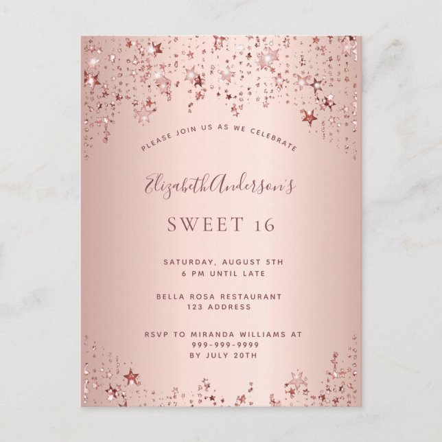 Sweet 16 16th birthday rose gold stars invitation postcard (Front)