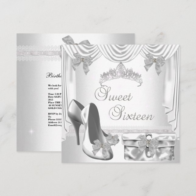 Sweet 16 16th Birthday Silver White Invitation (Front/Back)