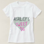Sweet 16 16th Birthday T-Shirt<br><div class="desc">Sweet 16 16th birthday tshirt features your name and the text sweet 16 in simple modern handwritten typography in stylish bright pink and black on a pastel green heart. Exclusively designed for you by Happy Dolphin Studio.</div>