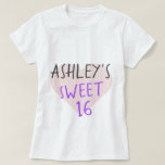 Sweet 16 16th Birthday T-Shirt<br><div class="desc">Sweet 16 16th birthday tshirt features your name and the text sweet 16 in simple modern handwritten typography in stylish bright purple and black on a pink heart. Exclusively designed for you by Happy Dolphin Studio.</div>