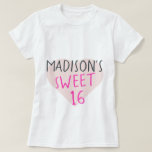 Sweet 16 16th Birthday T-Shirt<br><div class="desc">Sweet 16 16th birthday tshirt features your name and the text sweet 16 in simple modern handwritten typography in stylish bright pink and black on a pastel pink heart. Exclusively designed for you by Happy Dolphin Studio.</div>