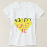 Sweet 16 16th Birthday T-Shirt<br><div class="desc">Sweet 16 16th birthday tshirt features your name and the text sweet 16 in simple modern handwritten typography in stylish bright pink and black on a bright yellow heart. Exclusively designed for you by Happy Dolphin Studio.</div>