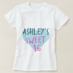 Sweet 16 16th Birthday T-Shirt<br><div class="desc">Sweet 16 16th birthday tshirt features your name and the text sweet 16 in simple modern handwritten typography in stylish bright pink and black on a blue heart. Exclusively designed for you by Happy Dolphin Studio.</div>