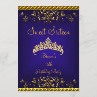 Sweet 16 16th Deep Blue Gold Diamond Tiara Invitation