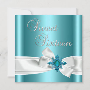 Sweet 16 16th Elegant Teal Blue Silver White Bow Invitation