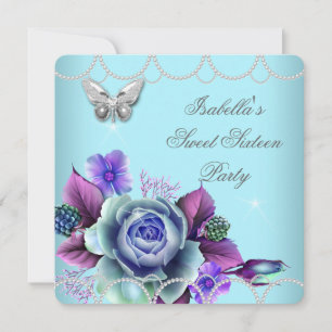 Sweet 16 16th Floral Teal Purple Butterfly Pearl Invitation