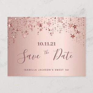 Sweet 16 16th party rose gold stars save the date postcard