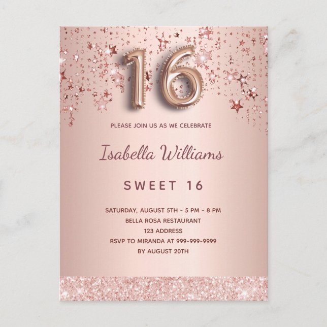 Sweet 16 16th rose gold stars pink balloon script postcard (Front)