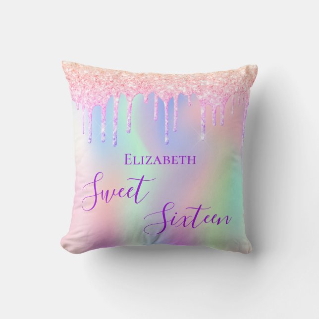 Sweet 16 16th sixteen rose gold glitter rainbow cushion (Front)