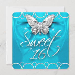 Sweet 16 16th Teal Blue Butterfly Pearl Party Invitation